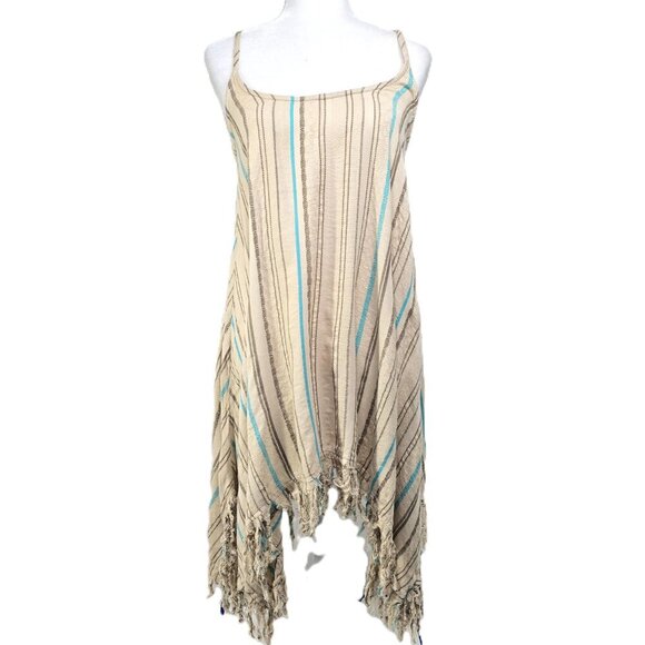 LAGACI Tan Beige Striped Fringe Boho Strappy Asymmetrical Hem Maxi Dress - Picture 1 of 7